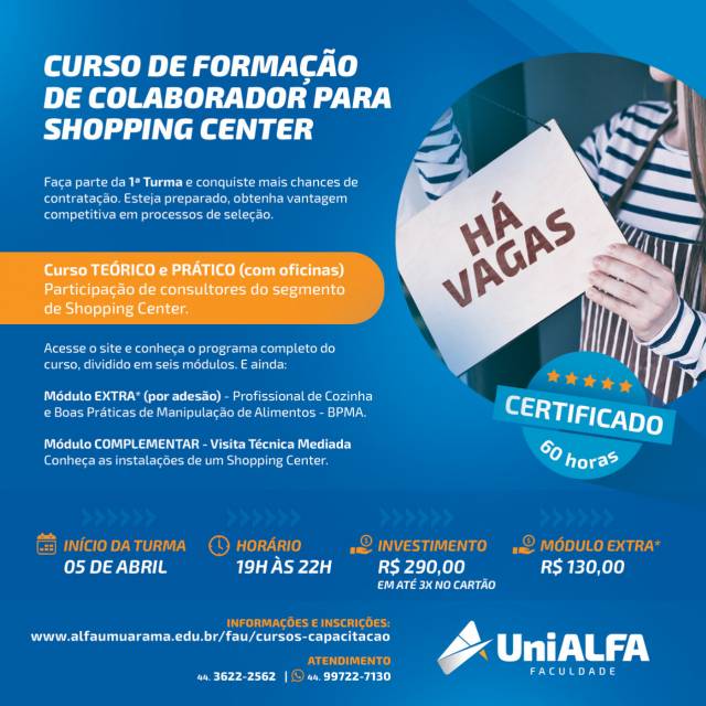 Curso de Formação de Colaborador para Trabalhar em Shopping Center + Módulo Extra - Profissional de Cozinha e Boas Práticas de Manipulação de Alimentos - BPMA 